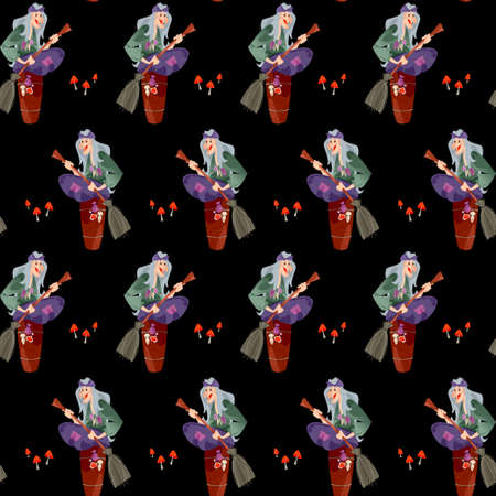 Baba Yaga (old witch from Slavic folklore) with a broom in her hands sitting on a large wooden mortar. Seamless background pattern. Vector illustrationのイラスト素材