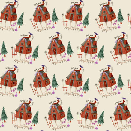 Baba Yaga House. Old witch from Slavic folklore. Fairytale hut standing on chicken legs. Seamless background pattern. Vector illustrationのイラスト素材
