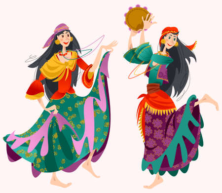 Romany dance. Two roma gypsy girls dancing. Traditional dance. Vector illustrationのイラスト素材