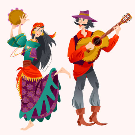 Romany dance. Roma gypsy girl dancing with a tambourine, Gypsy man playing guitar. Vector illustrationのイラスト素材