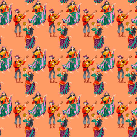 Romany dance. Roma gypsy girls dancing traditional dance, a Gypsy man playing guitar. Seamless background pattern. Vector illustrationのイラスト素材