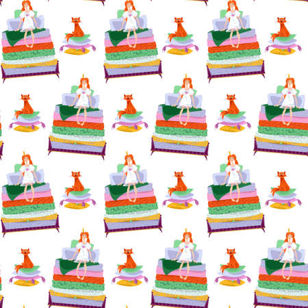 The Princess and the pea. Girl is sitting on a pile of mattresses and cat is sitting on a pile of pillows. Seamless background pattern. Vector illustrationのイラスト素材