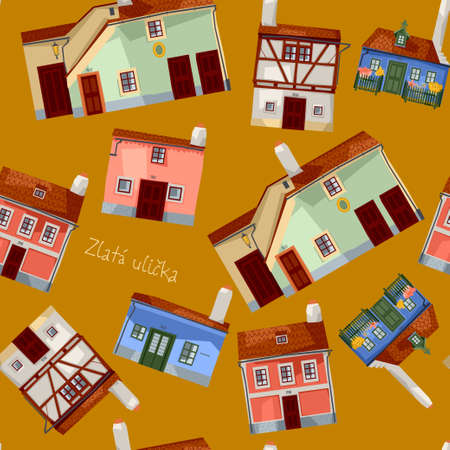Golden Lane (ZlatÃ¡ uliÄka) with colorful houses in Prague Castle, Czech Republic. Seamless background pattern. Vector illustrationのイラスト素材