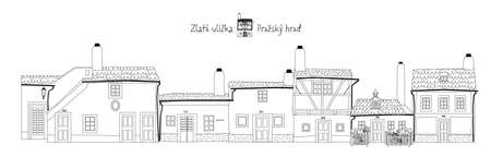 Golden Lane (ZlatÃ¡ uliÄka) with colorful houses in Prague Castle, Czech Republic. Coloring page. Vector illustration.のイラスト素材