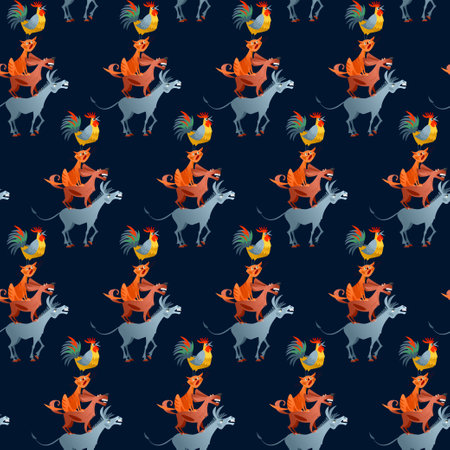 "The Bremen Town Musicians" (German: Die Bremer Stadtmusikanten). German fairy tale. Seamless background pattern. Vector illustrationのイラスト素材