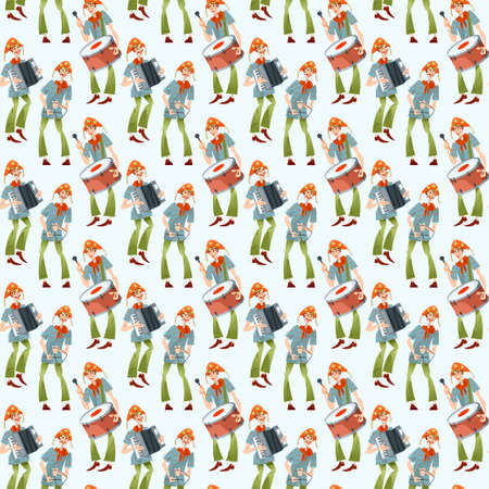 Brazilian holiday Festa Junina (the June party). Trio de ForrÃ³ (a trio of musicians playing an accordion, a bass drum and a triangle). Seamless background pattern. Vector illustrationのイラスト素材