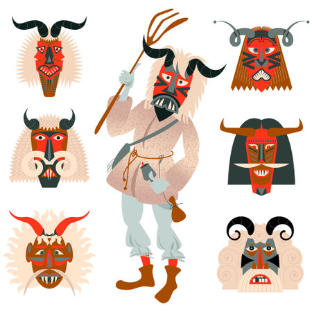 Busos.Traditional carved wood masks for The Busojaras (Hungarian, meaning âBuso-walkingâ) carnival procession in Mohacs, Hungary. Vector illustrationのイラスト素材