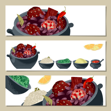 Set of 3 universal horizontal banners. Feijoada (stew of beans with beef and pork). National dish in Portugal, Brazil. Vector illustration.のイラスト素材