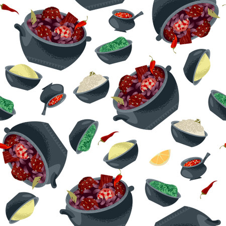 Feijoada (stew of beans with beef and pork). National dish in Portugal, Brazil. Seamless background pattern. Vector illustrationのイラスト素材