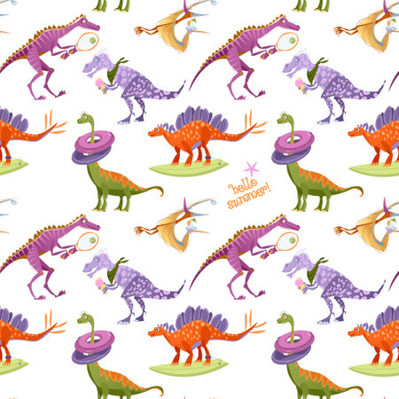 Dinosaurs playing outdoors. Fun summer activities. Hello summer! Seamless background pattern. Vector illustrationのイラスト素材