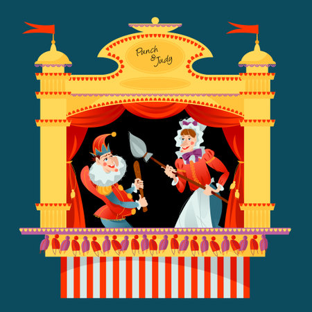 Traditional puppet show featuring Mr. Punch and his wife Judy. Vector illustrationのイラスト素材