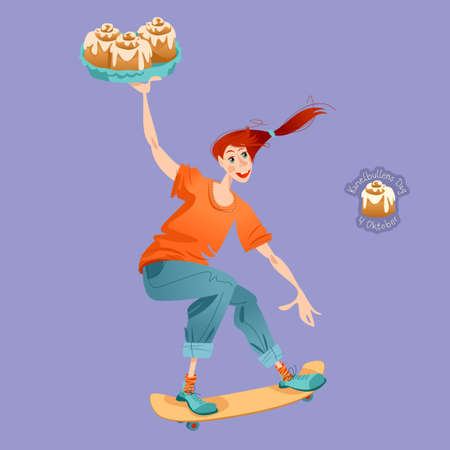 Skateboarding girl holds a tray with Cinnamon Rolls in her hand. Cinnamon Roll Day. Vector illustrationのイラスト素材