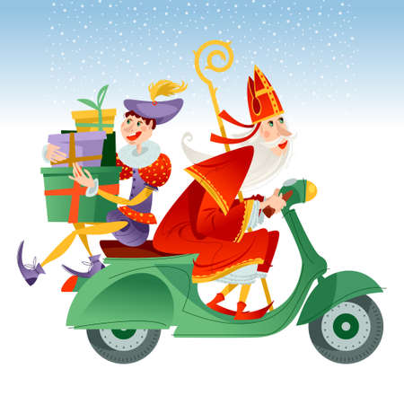Christmas in Holland. Sinterklaas (Santa Claus) and his helper gifts deliver on a motorroller. Vector illustrationのイラスト素材