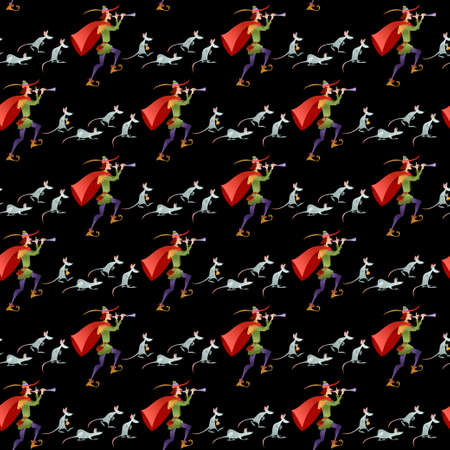 Pied Piper of Hamelin (German: RattenfÃ¤nger von Hameln). German fairy tale. Seamless background pattern. Vector illustrationのイラスト素材