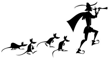 Pied Piper of Hamelin (German: RattenfÃ¤nger von Hameln). German fairy tale. Black and white. Vector illustrationのイラスト素材