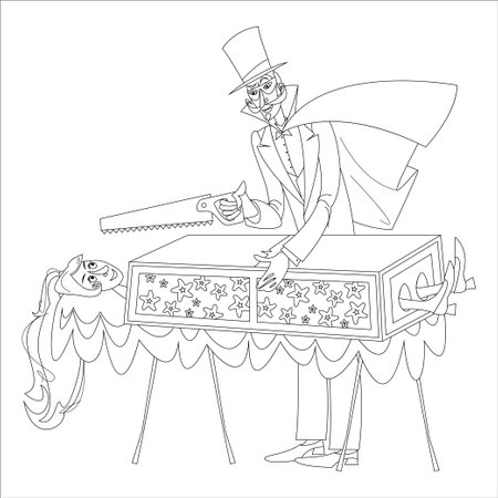 Magician sawing a woman in half. Coloring page. Vector illustrationのイラスト素材