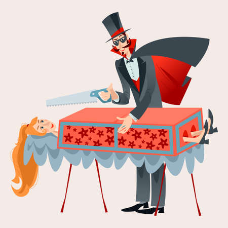 Magician sawing a woman in half. Vector illustrationのイラスト素材