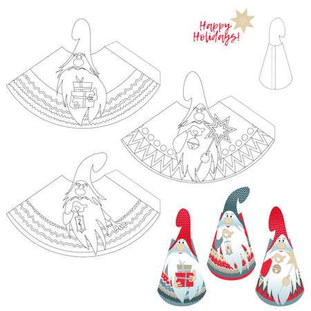 Template for 3D cut out figures of three gnomes with gifts, a candle, a bell and a Christmas star. Coloring page. Vector illustrationのイラスト素材