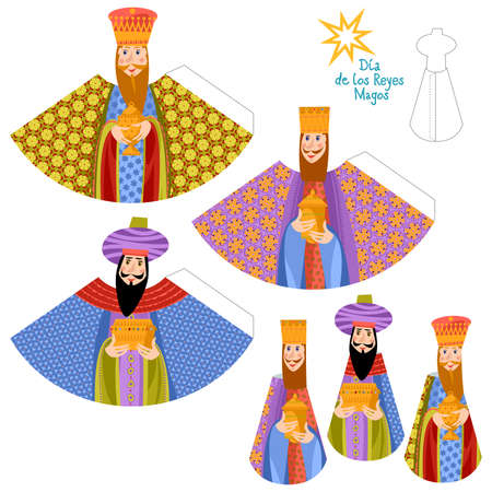 Template for 3D cut out figures of three biblical kings (Caspar, Melchior and Balthazar). Dia de reyes! (Three Kings Day!). Vector illustrationのイラスト素材