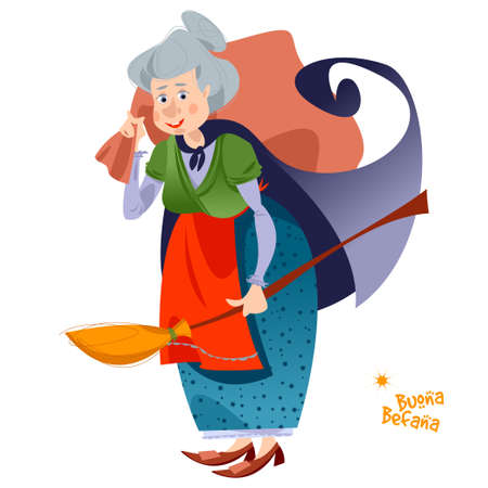 Old woman with a bag of gifts and a broomstick. Buena Befana (happy Epiphany). Italian Christmas tradition. Vector illustration.のイラスト素材