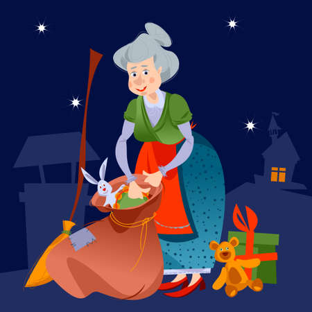 Old woman takes out gifts from a bag. Buena Befana (happy Epiphany). Italian Christmas tradition. Vector illustration.のイラスト素材