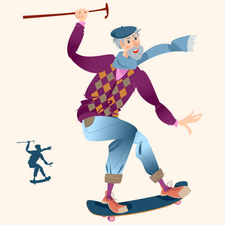 Skateboarding grandpa. Vector illustrationのイラスト素材
