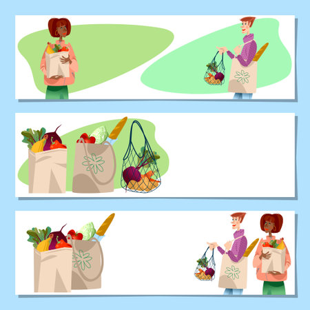 Set of 3 universal banners with string bag, cotton bag and paper bag for shopping. Zero waste, environment preservation. Vector illustrationのイラスト素材