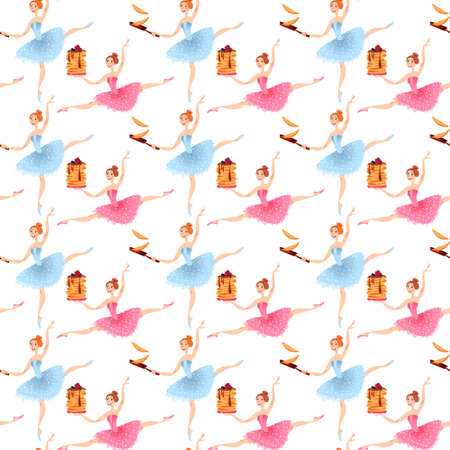 Young ballerinas with pancakes. Happy Pancake Day! Seamless background pattern. Vector illustrationのイラスト素材