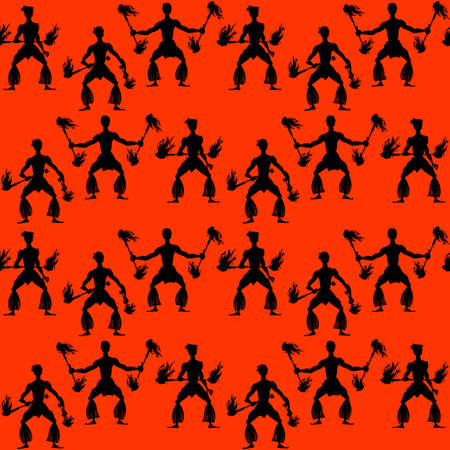 Polynesian fire dancers. Black and red. Seamless background pattern. vector illustrationのイラスト素材