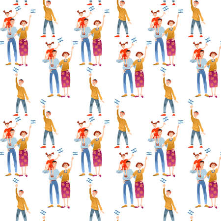 Israeli family holding flags celebrates Israel's Independence day. Seamless background pattern. vector illustrationのイラスト素材