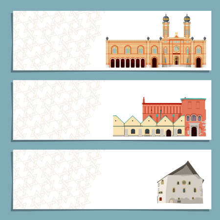 Set of 3 bookmarks with Synagogues in Budapest (Hungary), Cracow (Poland), Erfurt (Germany). vector...