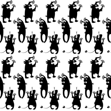 Funny screaming monsters. black and white. Seamless background pattern. vector illustrationのイラスト素材