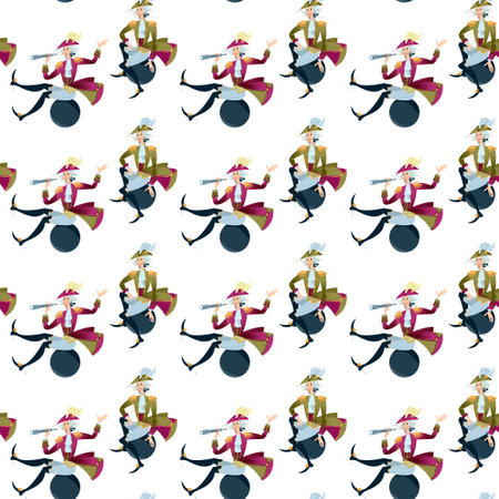 Baron (character of German fairy tale) with spyglass flies on a cannonball. Seamless background pattern. vector illustrationのイラスト素材