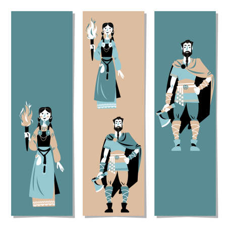 Set of 3 bookmarks with Vikings. Girl with a torch and warrior with a battle ax wearing traditional clothes. vector illustrationのイラスト素材