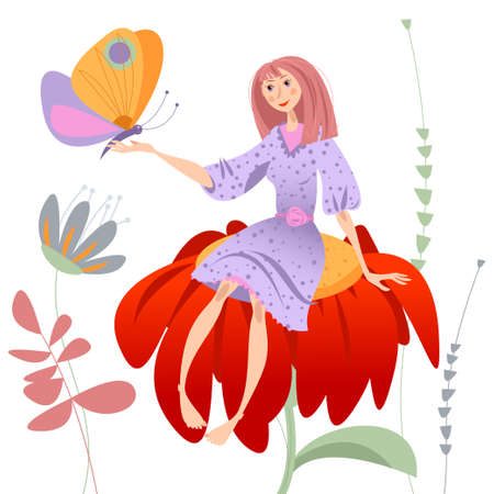 A tiny girl sitting on a big flower with a butterfly on her arm. Thumbelina. vector illustrationのイラスト素材
