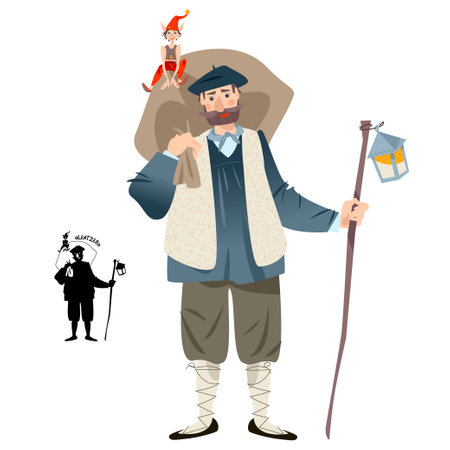 Olentzero (the mythic winter figure in Basque country and Navarre) and dwarf (Galtzagorri). Spanish (Basque) Christmas Tradition. vector illustrationのイラスト素材