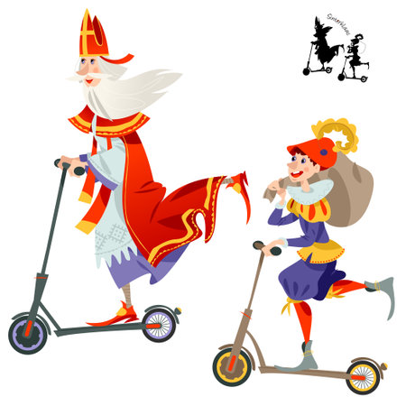 Christmas in Holland. Sinterklaas (Santa Claus) and his helper deliver gifts on a scooter. vector illustrationのイラスト素材