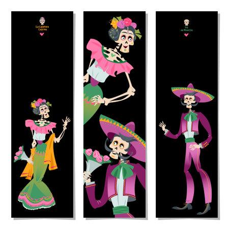 Set of 3 bookmarks with Skeleton couple in love. Dia de Muertos. vector illustrationのイラスト素材