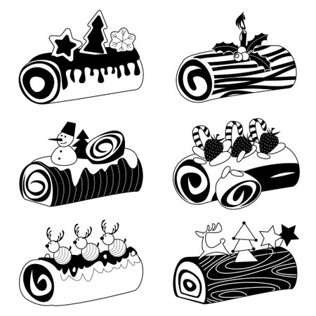 Set of 6 yule log cakes (BÃ»che de NoÃ«l. Traditional french christmas cake). black and white. vector illustrationのイラスト素材