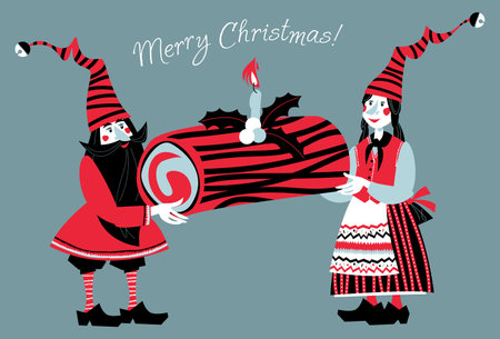 greeting card. Two gnomes hold yule log cake (BÃ»che de NoÃ«l). Traditional french christmas cake.のイラスト素材