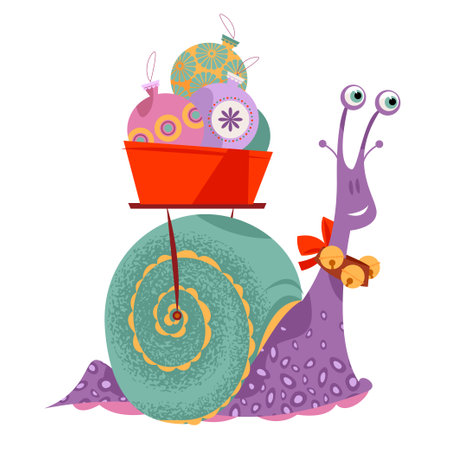 Snail carries a basket with Christmas ballsVector illustrationのイラスト素材