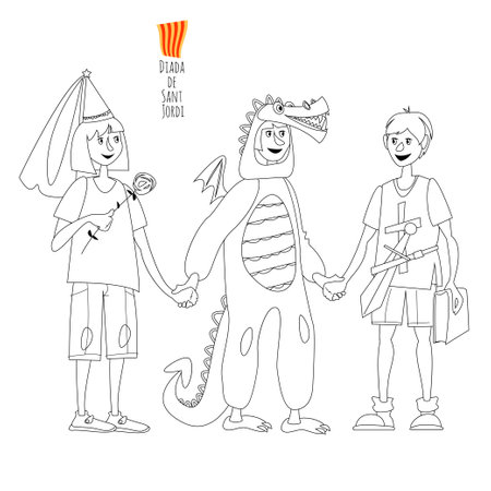Children in carnival costumes: princess, dragon and knight. Diada de Sant Jordi (the Saint George's Day). Traditional festival in Catalonia, Spain. Coloring page. vector illustrationのイラスト素材