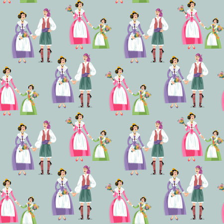 Couple, woman and girl in traditional clothes during the festival of Las Fallas (Festival of Fire) in Valencia, Spain. Seamless background pattern. vector illustrationのイラスト素材