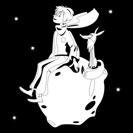 Boy and fox watch stars, sitting on a small planet with volcanoes. black and white. vector illustrationのイラスト素材