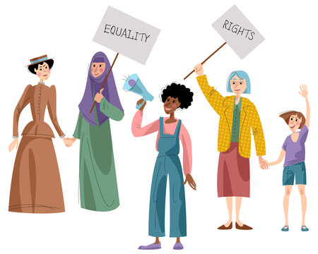 Women's protests.Women of different nationalities, cultures and ages demonstrate feminism and girl power. Feminist activists with banners, placards and loudspeakers. vector illustrationのイラスト素材