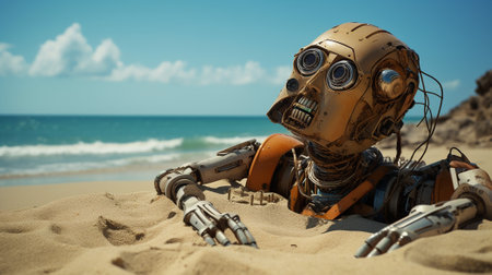 3D rendering of an old robot on the beach with sea backgroundの写真素材