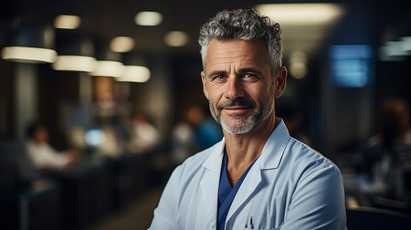 Portrait of mature male doctor smiling at camera while standing in hospital corridorの素材
