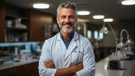 Portrait of smiling senior doctor standing with arms crossed in medical officeの素材