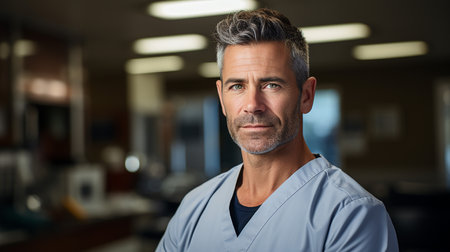 Portrait of confident mature male doctor standing in corridor of hospital.の素材