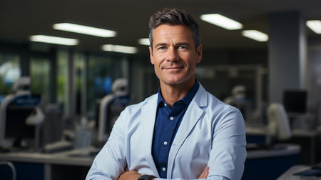 Portrait of confident mature male doctor standing with arms crossed in clinicの素材